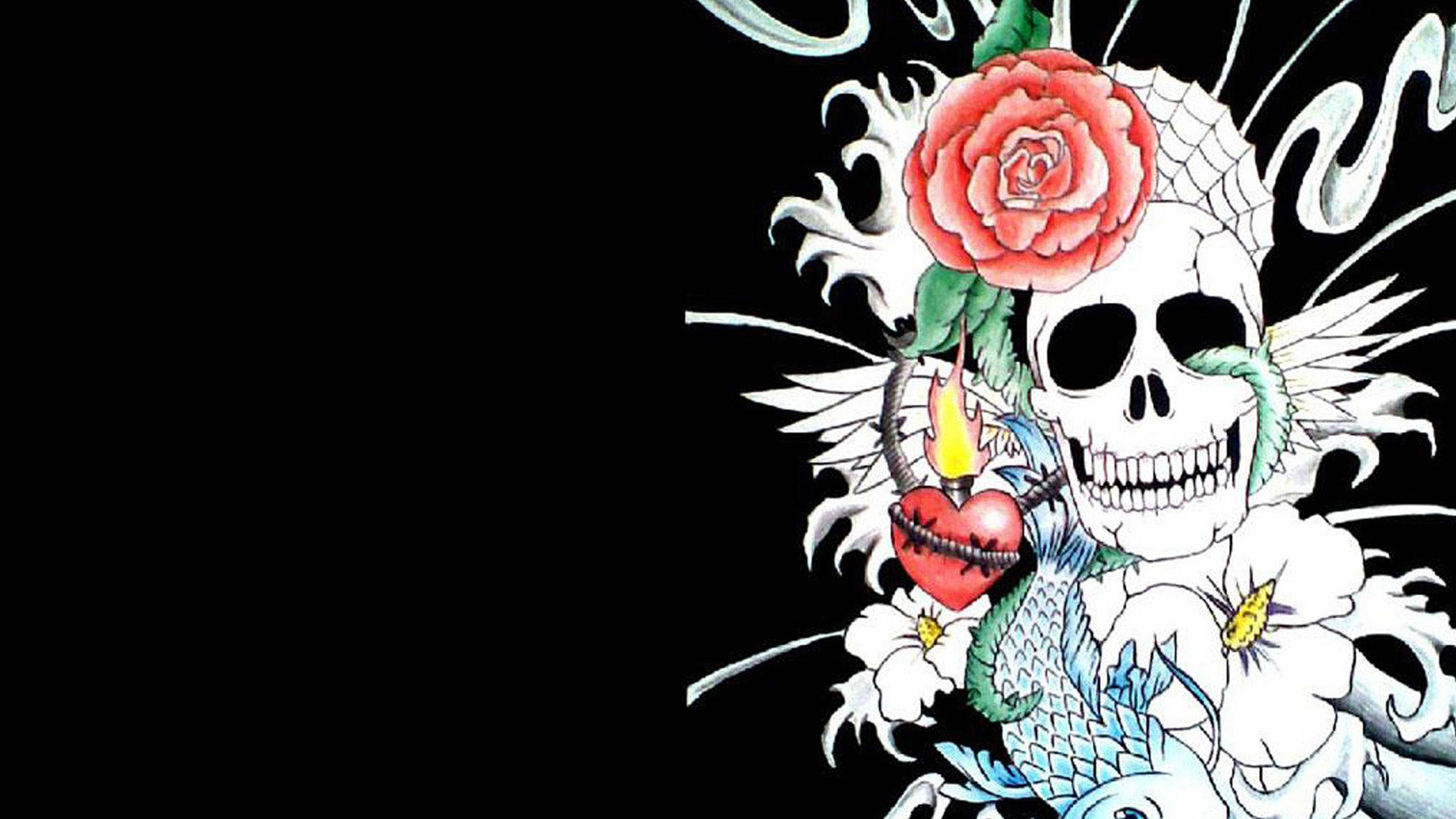dramatic sugar skull, red rose, white flowers, 2K Desktop Wallpaper