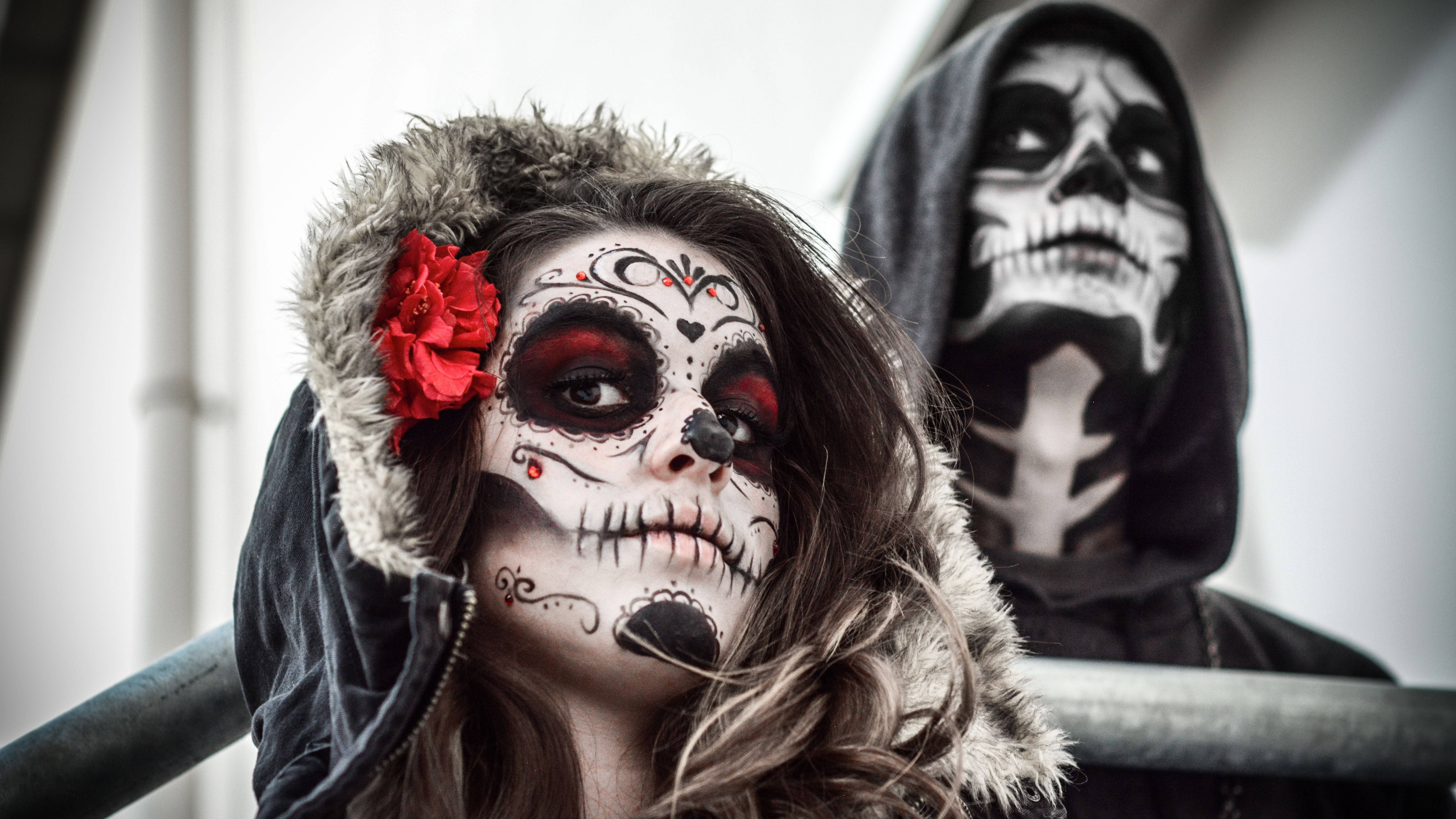 sugar skull couple face paint, intricate sugar skull makeup, red flower, 5K Desktop Wallpaper