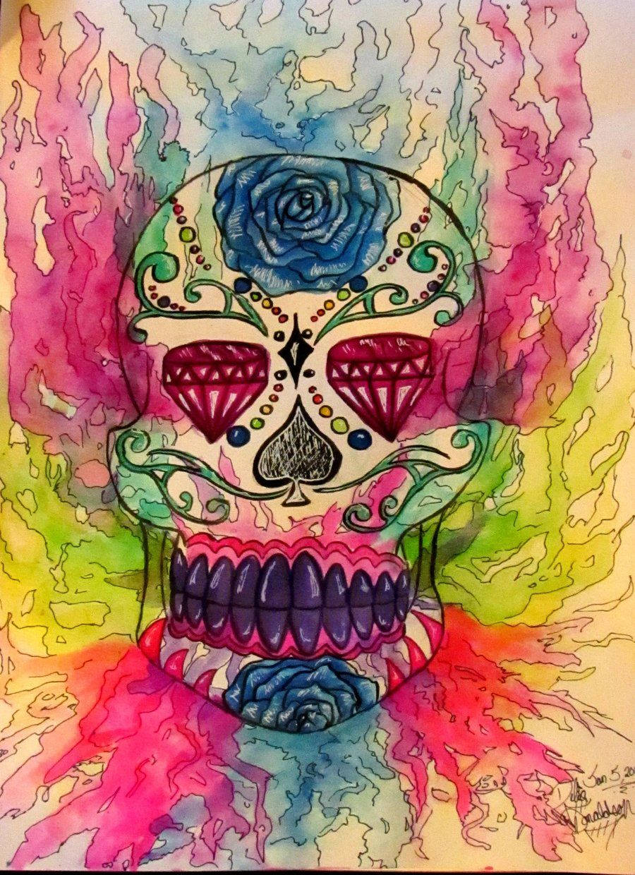 sugar skull, blue roses, gemstone eyes, SD Phone Wallpaper