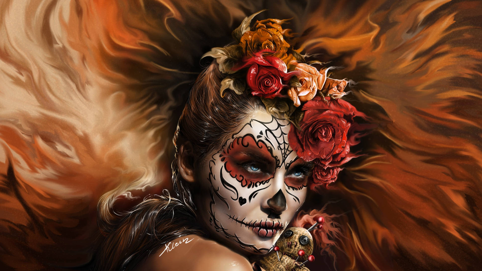 sugar skull makeup, red roses, orange flames, Full HD Desktop Wallpaper