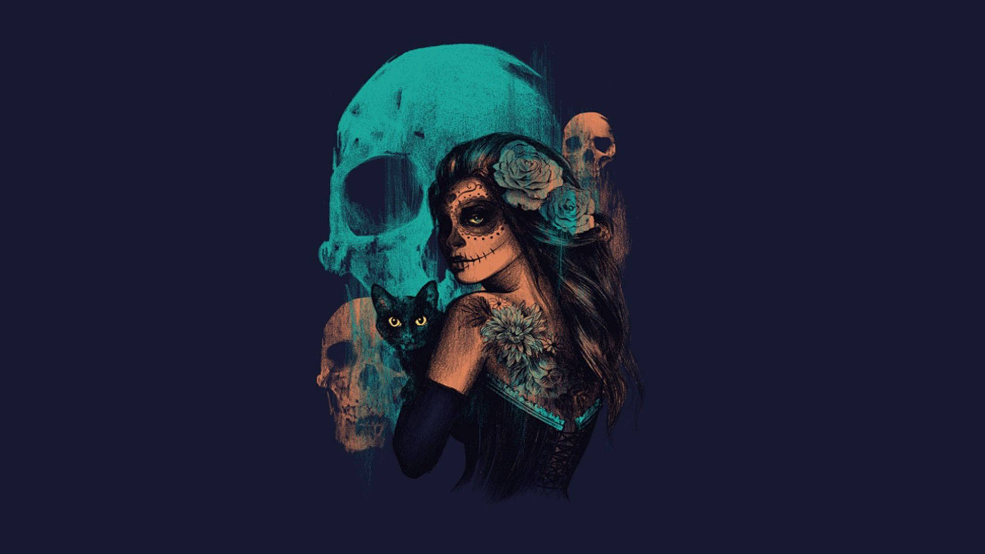 sugar skull woman, roses, black cat, Full HD Desktop Wallpaper
