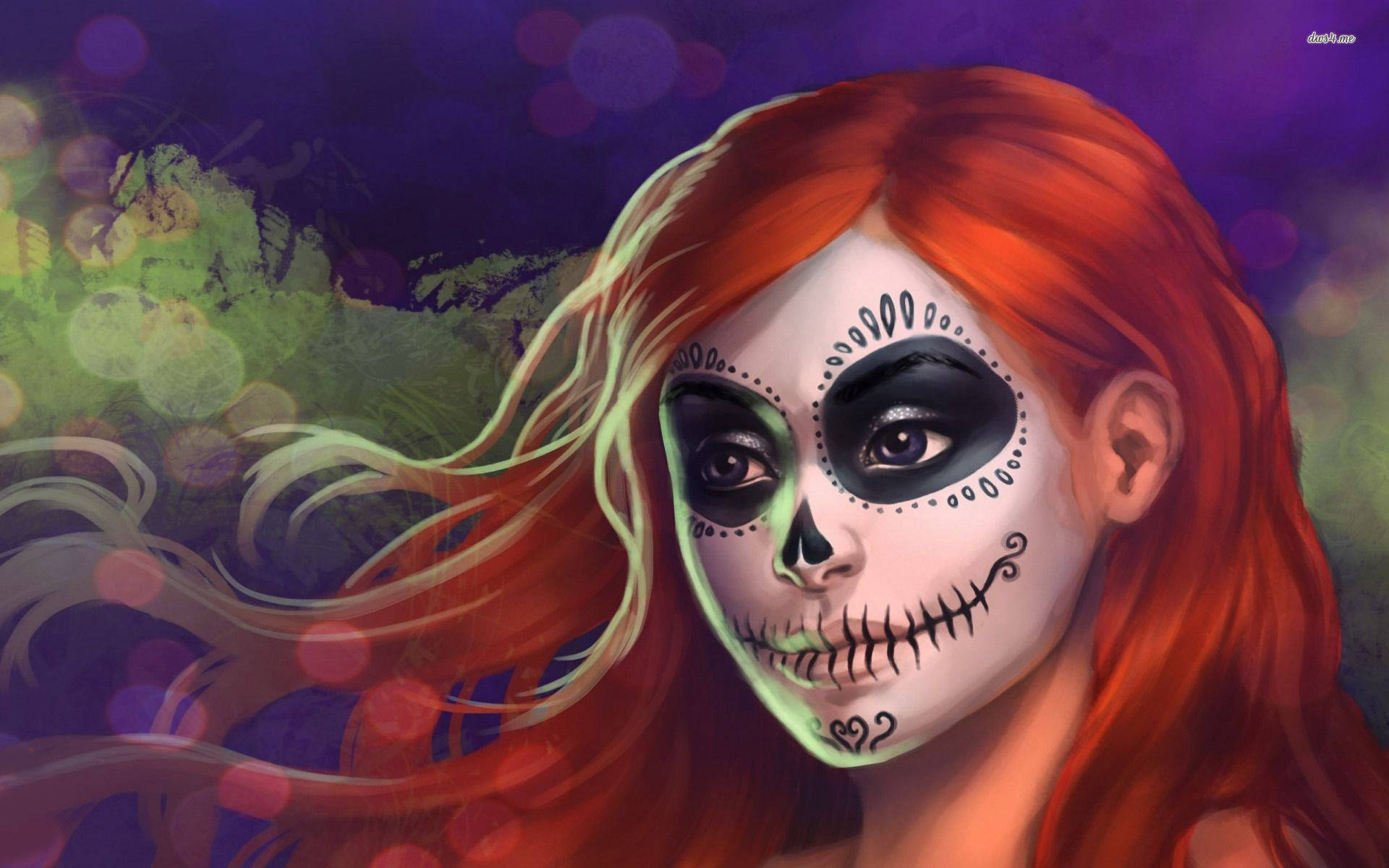woman, red hair, intricate sugar skull makeup, Full HD Desktop Wallpaper