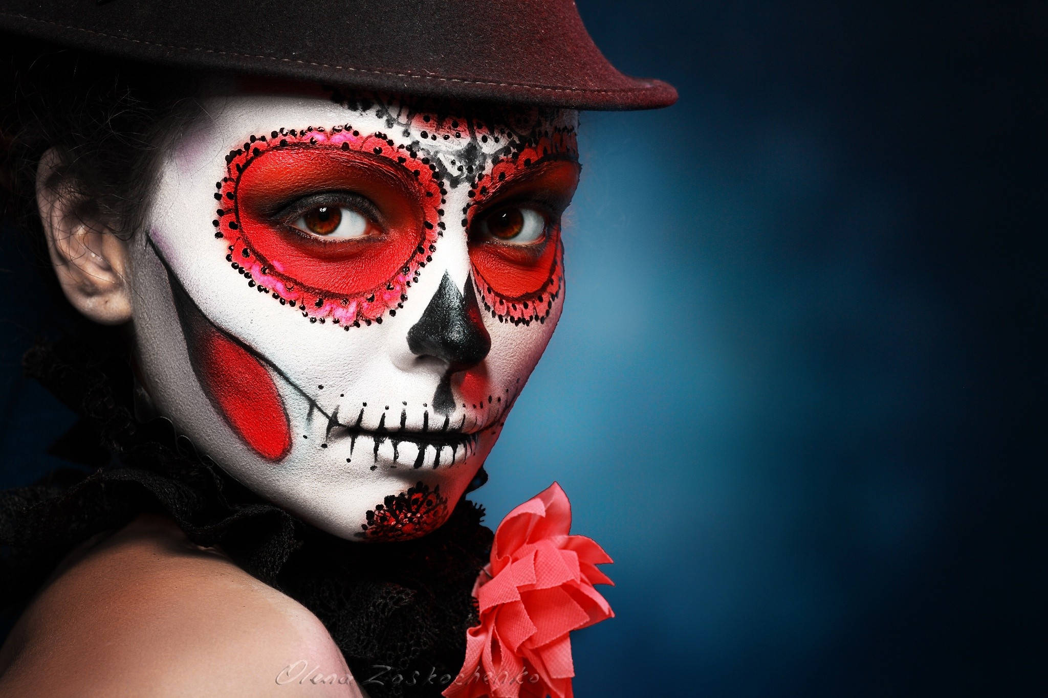 Sugar Skull Woman, hat, intricate sugar skull makeup, Full HD Desktop Wallpaper