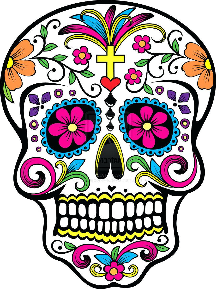 colorful sugar skull, flowers cross, swirls, SD Phone Wallpaper