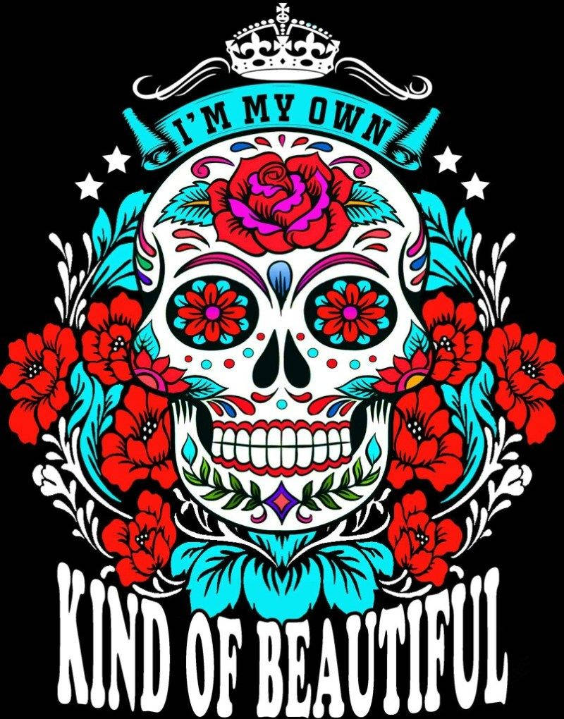 Girly Sugar Skull, red flowers, turquoise leaves, SD Phone Wallpaper
