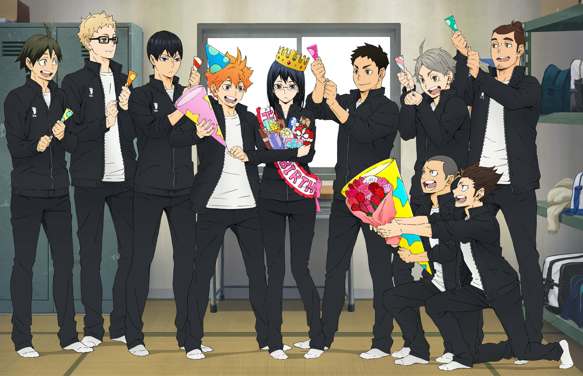 Sugawara Koshi, anime volleyball team, confetti crowns, Full HD Desktop Wallpaper