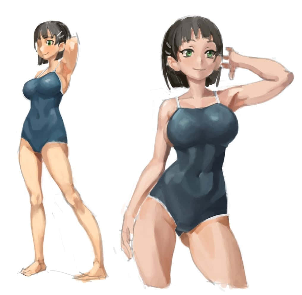 Suguha Kirigaya, dark blue swimsuit, two dynamic angles, SD Desktop Wallpaper