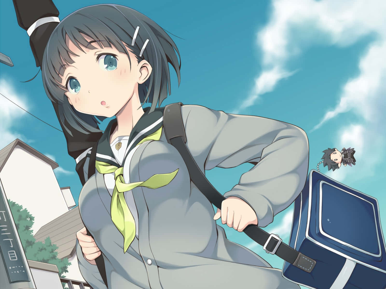 Suguha Kirigaya, grey school uniform, lime green bow, HD Desktop Wallpaper