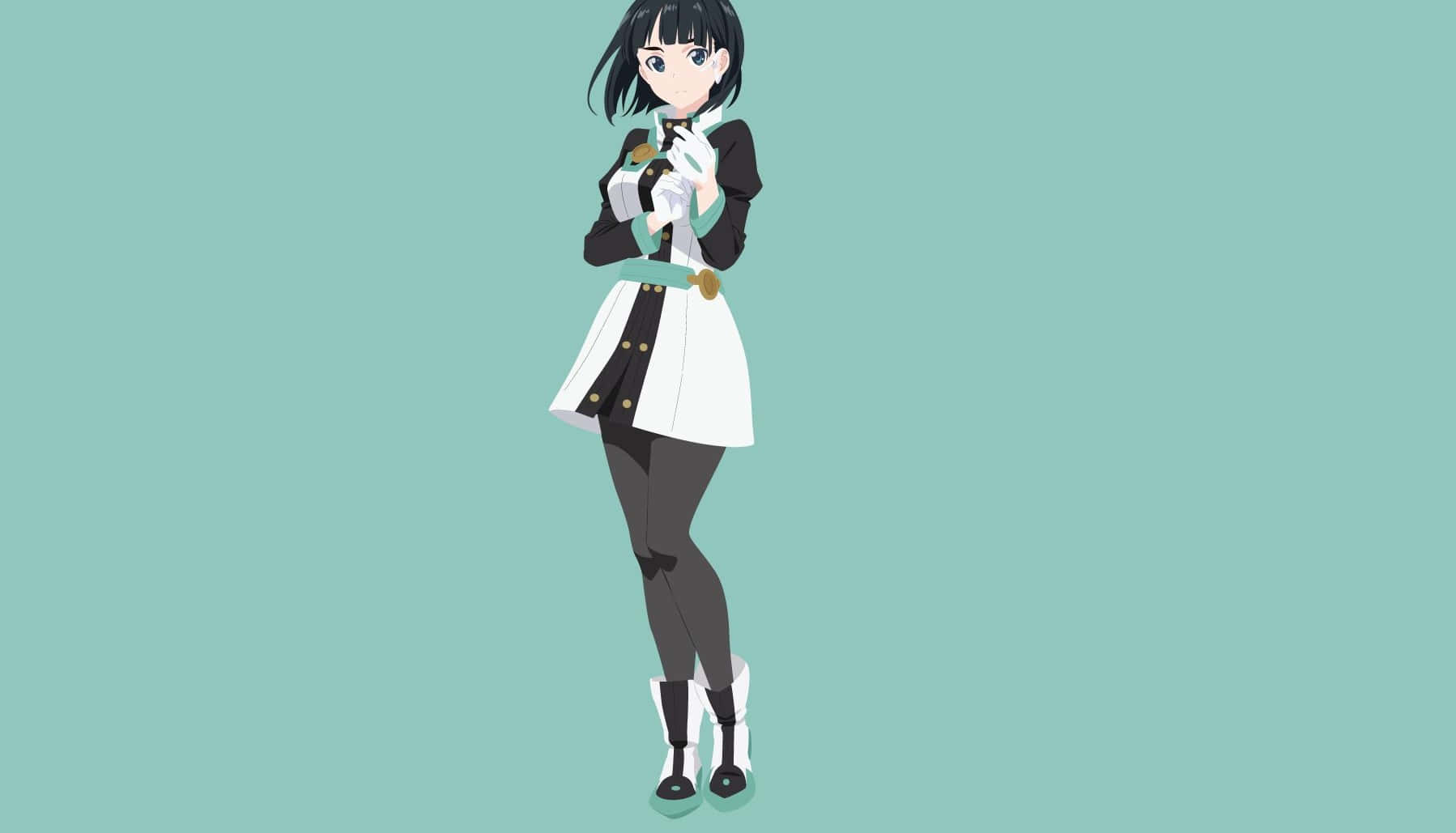 Suguha Kirigaya, black and white uniform, teal background, HD Desktop Wallpaper