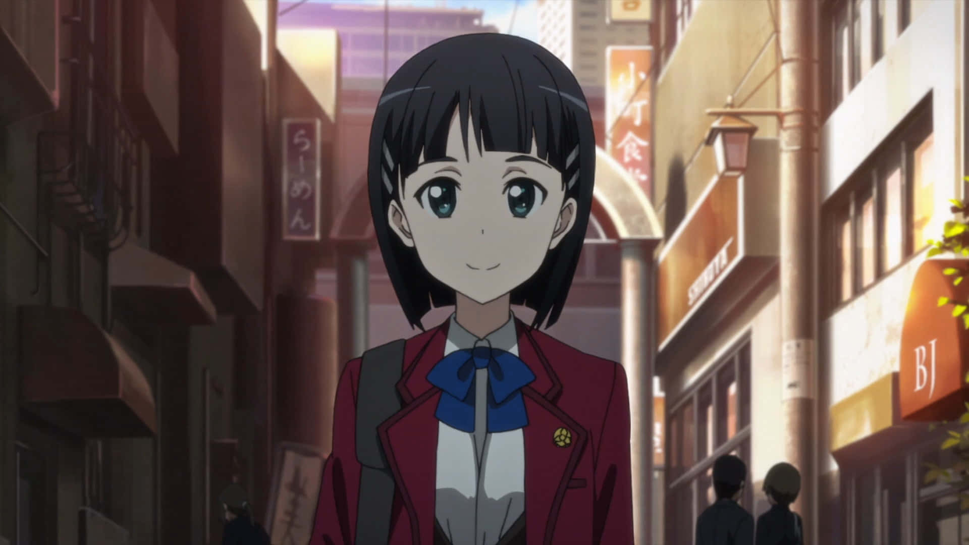 Suguha Kirigaya, red school uniform, sunlit Japanese alleyway, Full HD Desktop Wallpaper
