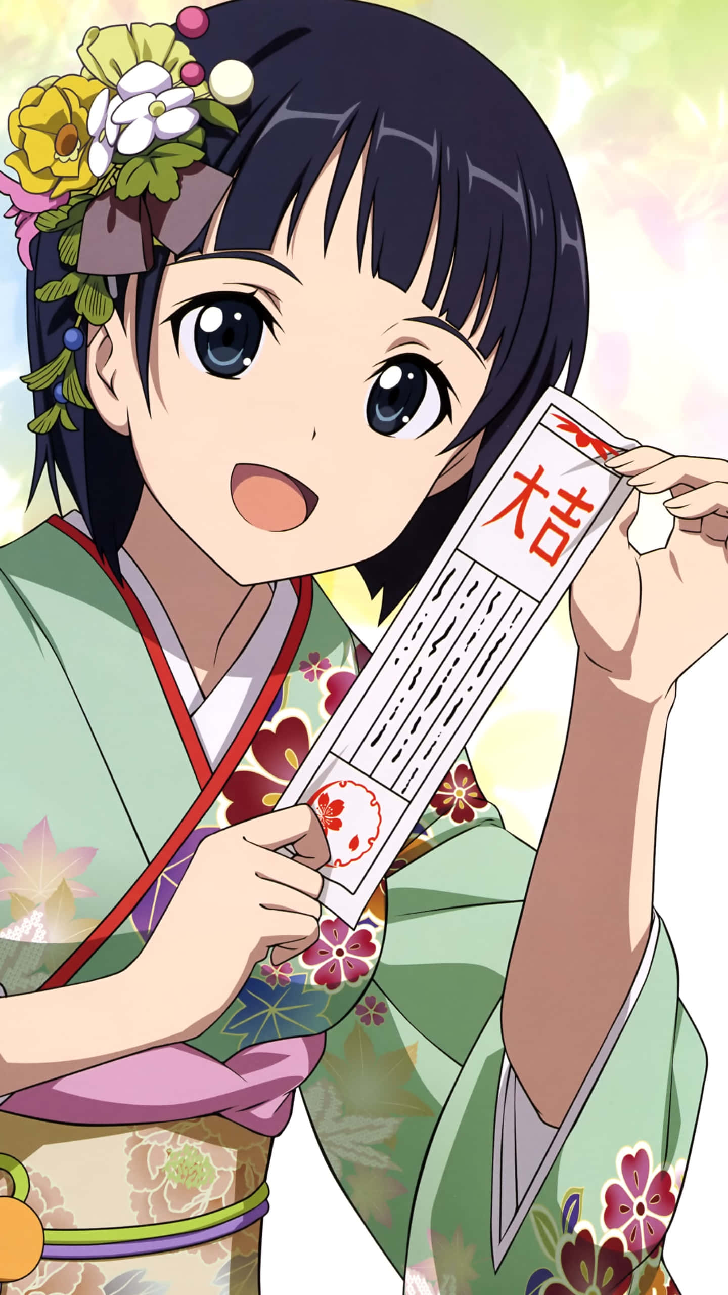 Suguha Kirigaya, floral kimono, lucky charm scroll, 2K Phone Wallpaper