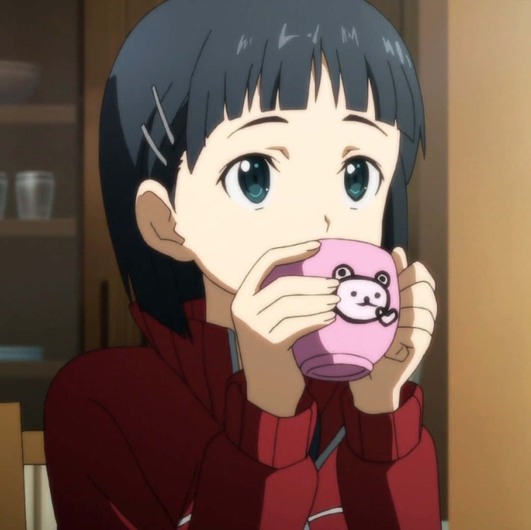 Suguha Kirigaya, short black hair, pink bear-faced mug, SD Desktop Wallpaper