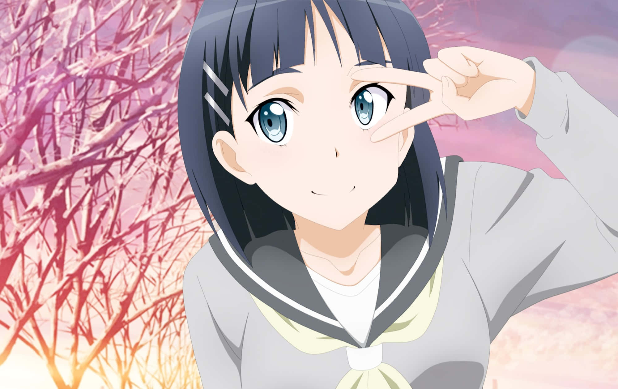 Suguha Kirigaya, school uniform, pink and orange sunset, Full HD Desktop Wallpaper