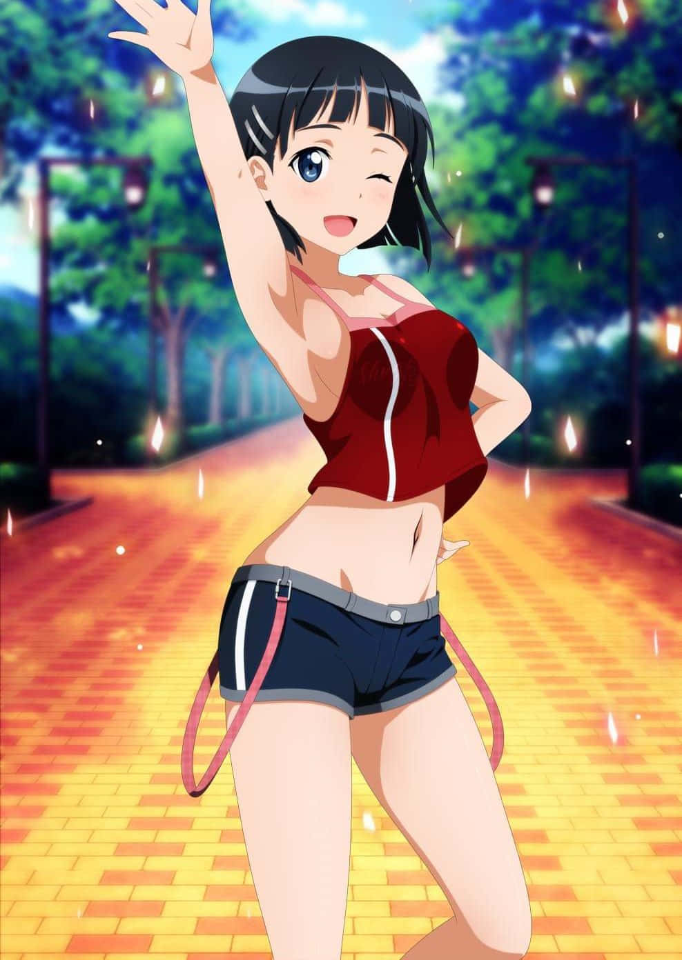 Suguha Kirigaya, red top, shorts, HD Phone Wallpaper
