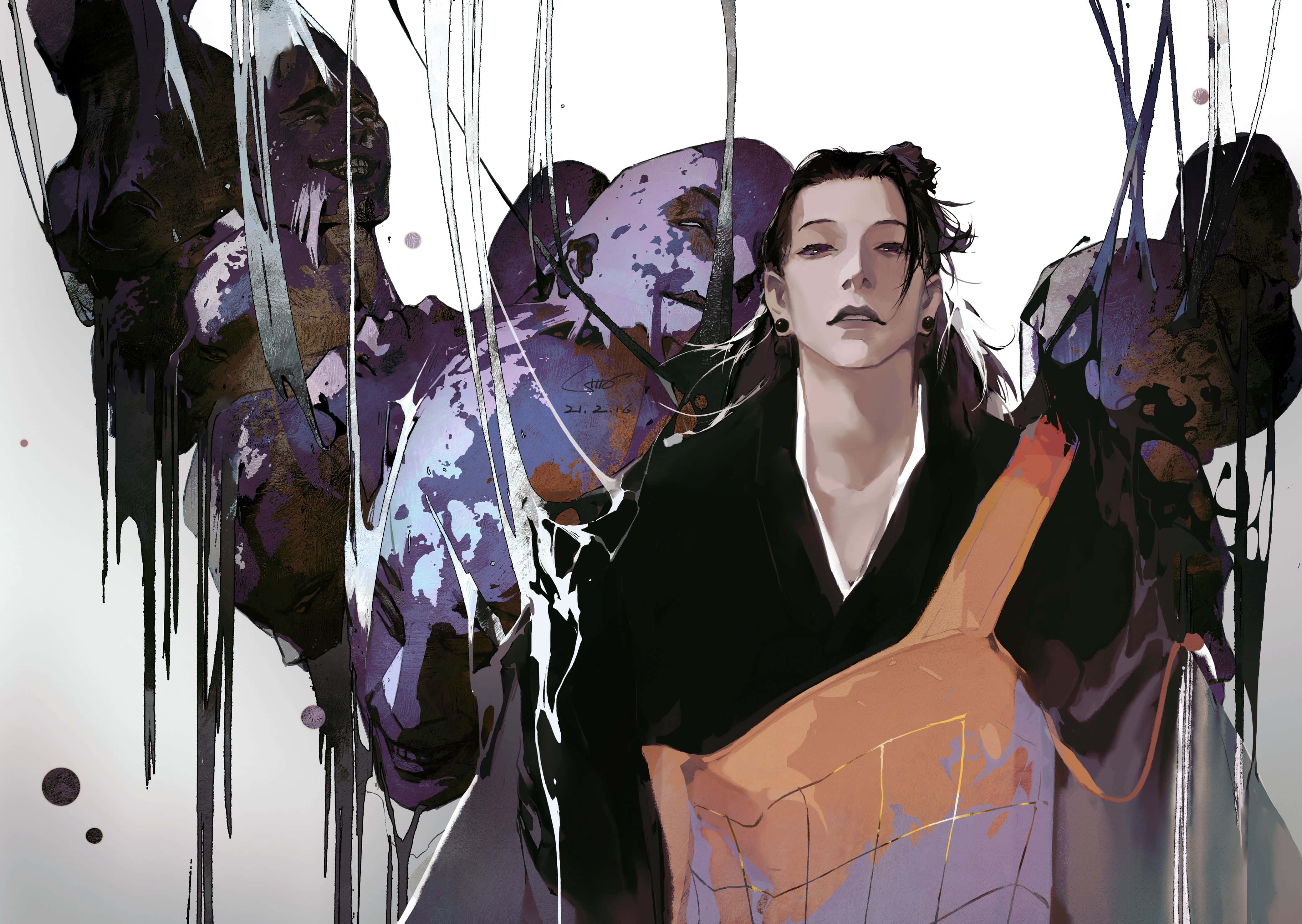 Suguru Geto, dark robes, dripping purple and black abstract forms, 4K Desktop Wallpaper