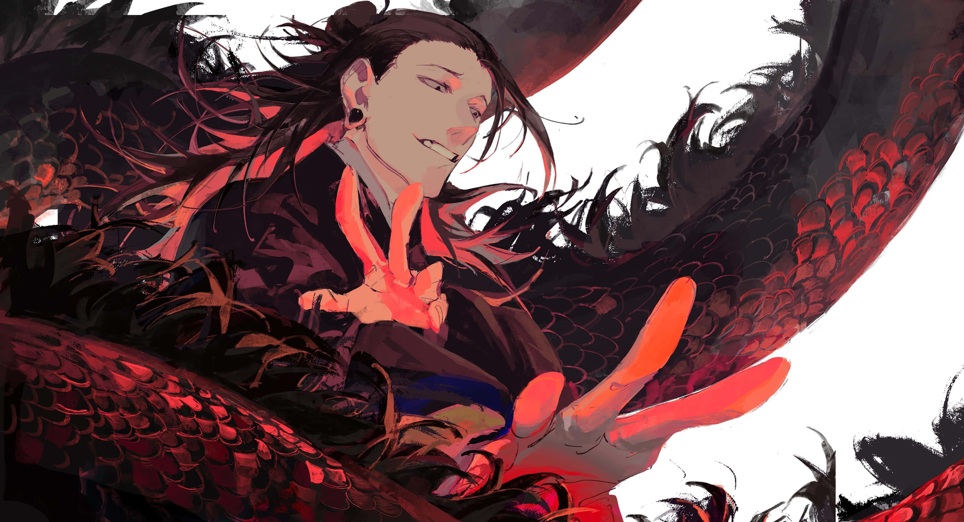 Suguru Geto, red-scaled dragon, long dark hair, 4K Desktop Wallpaper