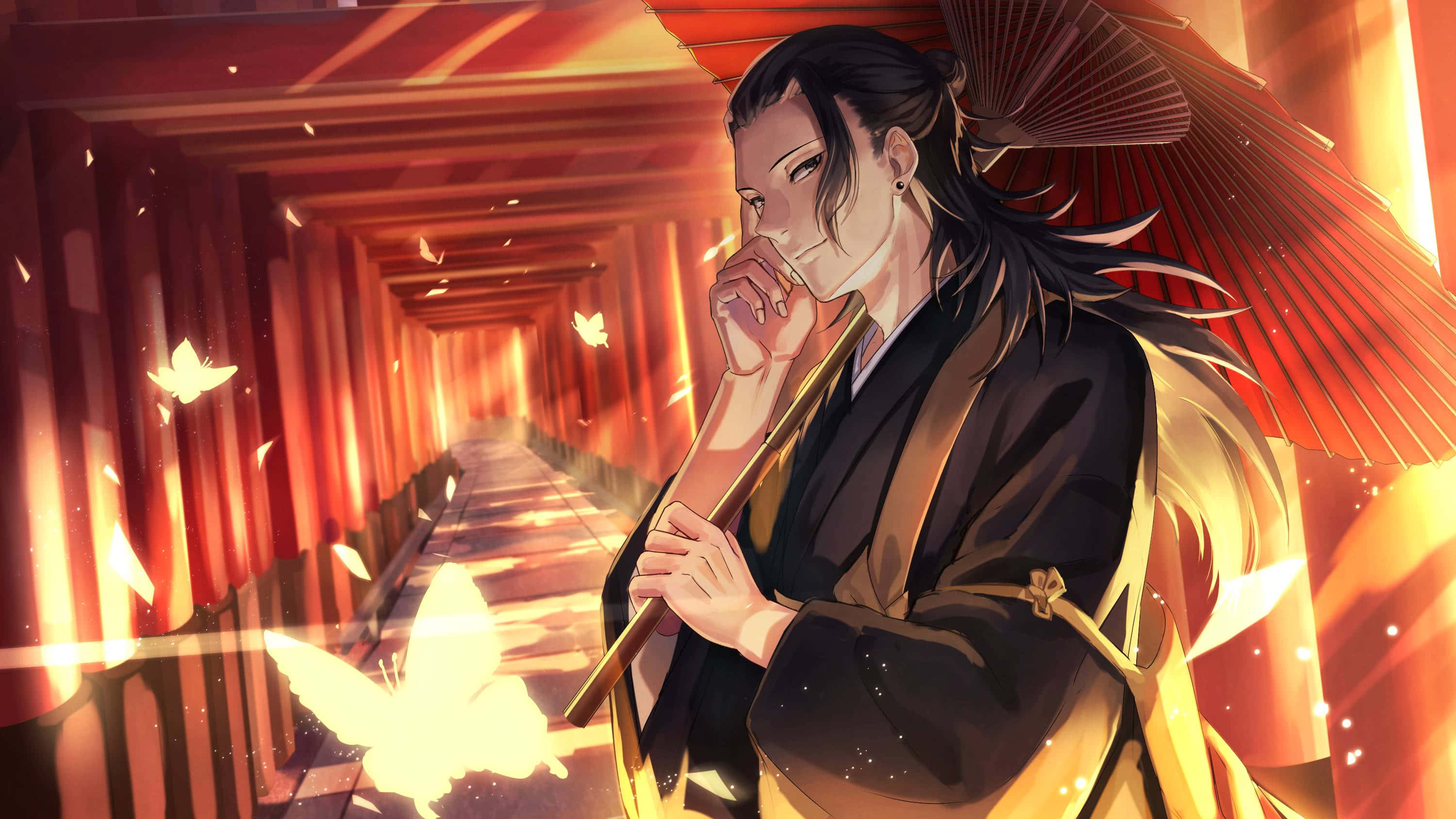 Suguru Geto, red umbrella, glowing red torii gate corridor, 2K Desktop Wallpaper