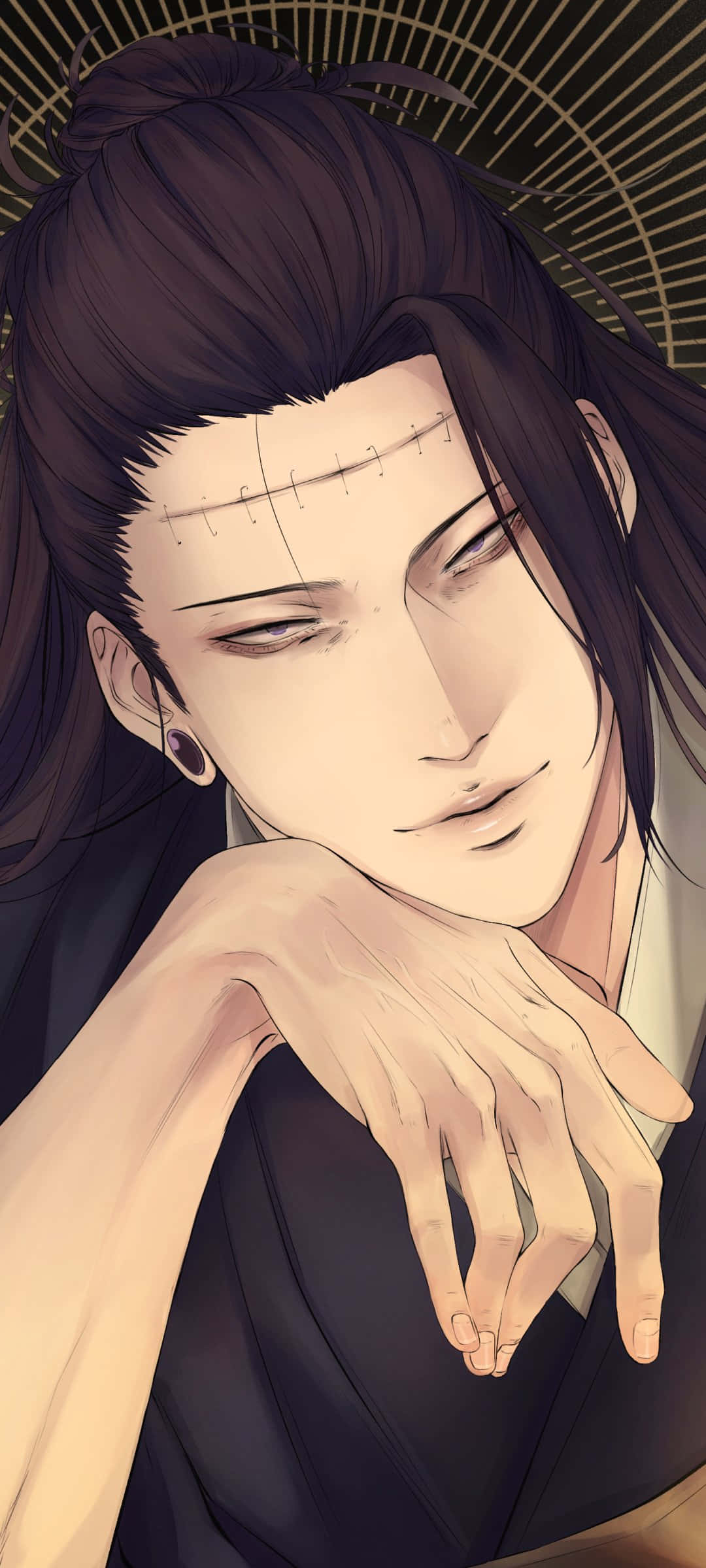 Suguru Geto, stitched forehead, golden fan background, Full HD Phone Wallpaper