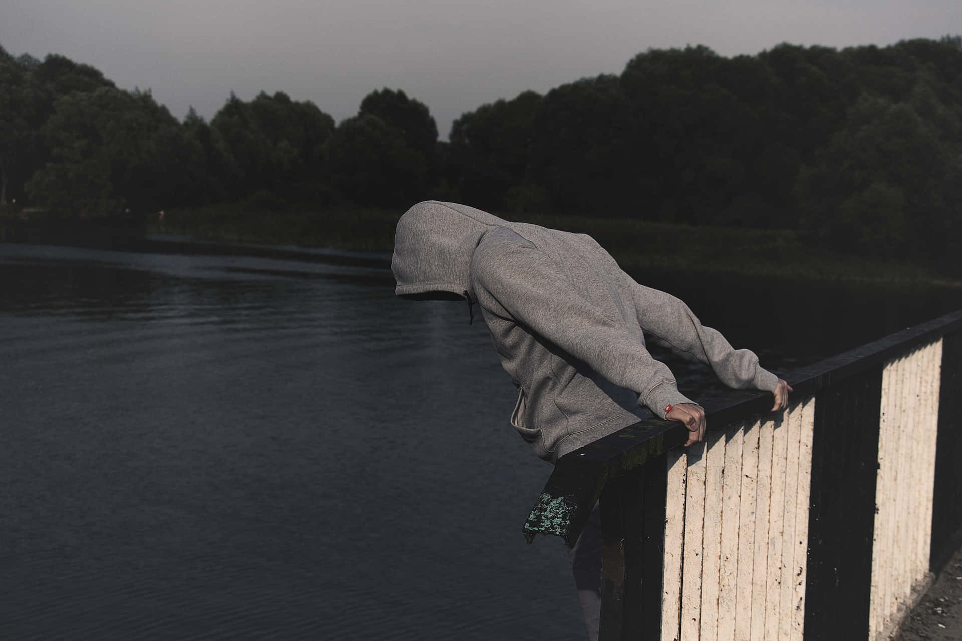 Suicide, grey hoodie, weathered railing, Full HD Desktop Wallpaper