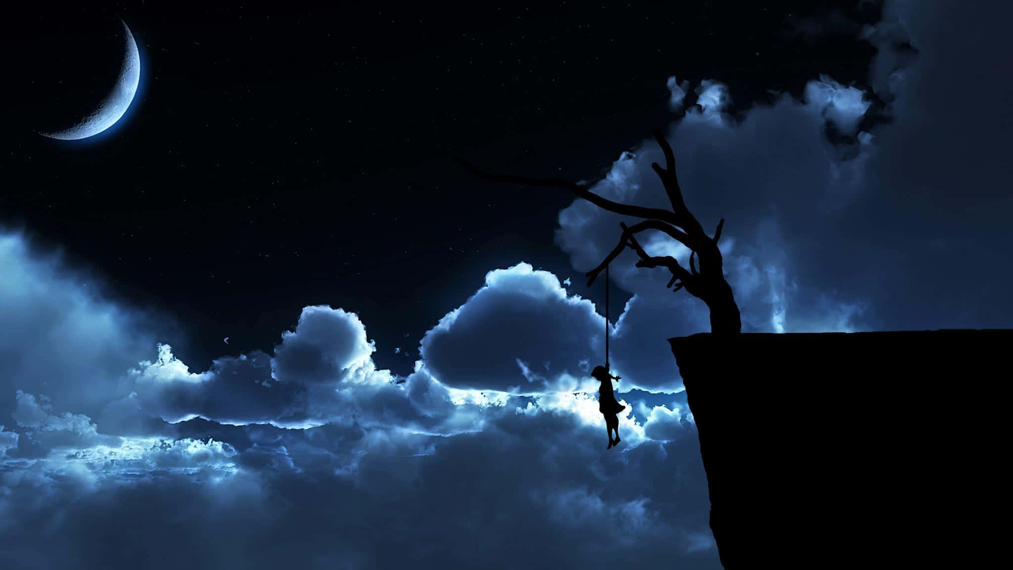 Suicide, crescent moon, starry night sky, Full HD Desktop Wallpaper