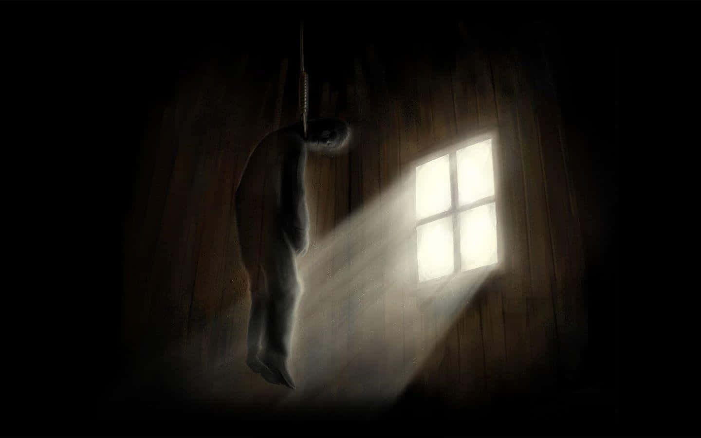Suicide, ghostly figure, dim wooden room, HD Desktop Wallpaper