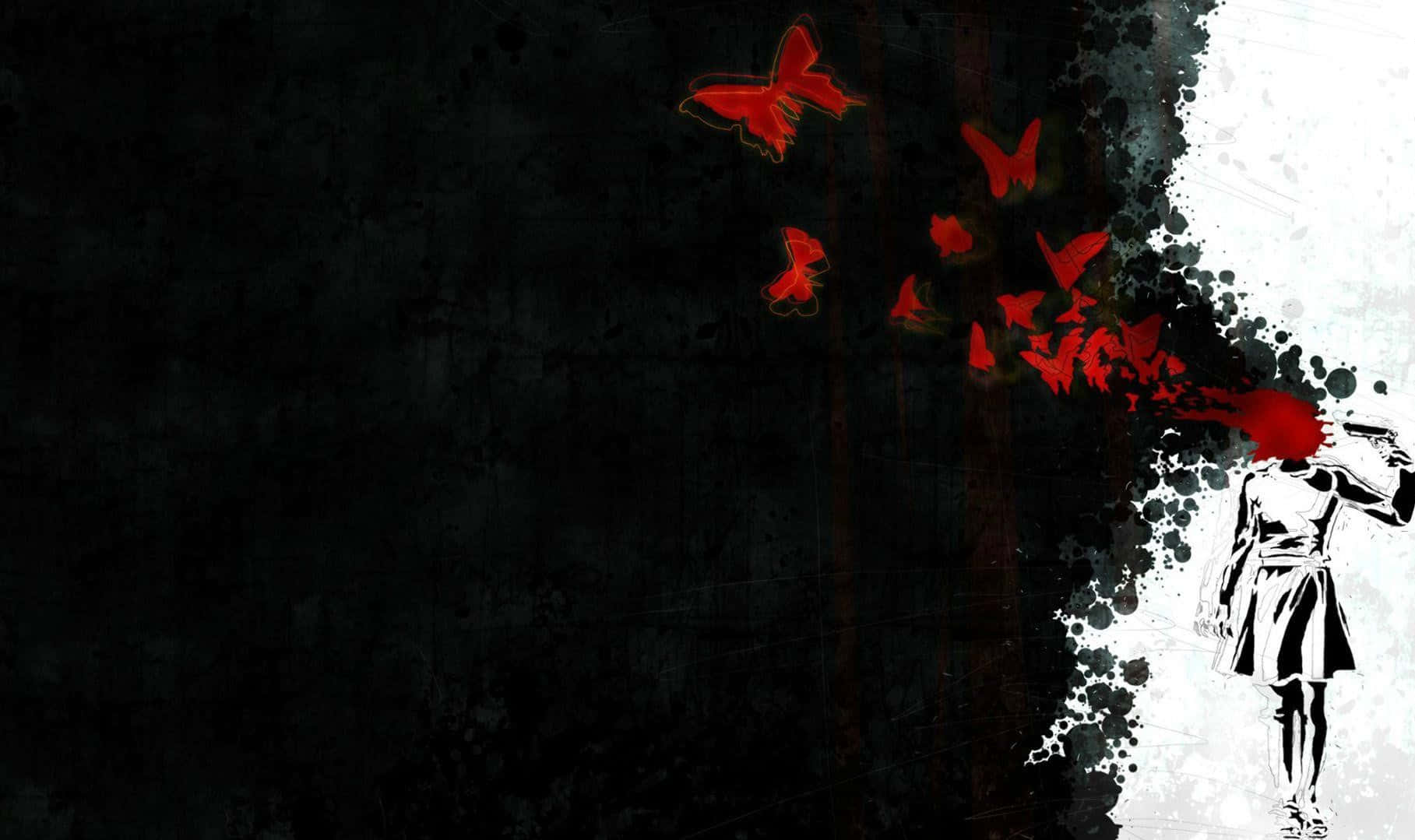 Suicide, black and white silhouette, vibrant red butterflies, HD Desktop Wallpaper