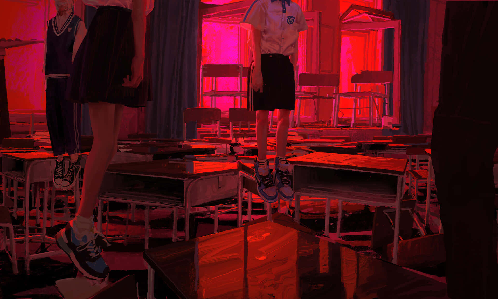 Suicide, school uniforms, overturned desks, Full HD Desktop Wallpaper