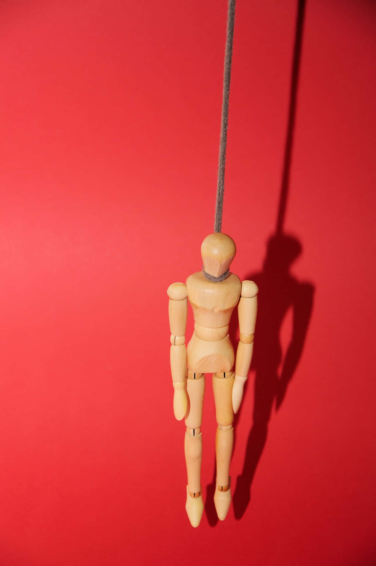 wooden mannequin, rope, vivid red background, Full HD Phone Wallpaper