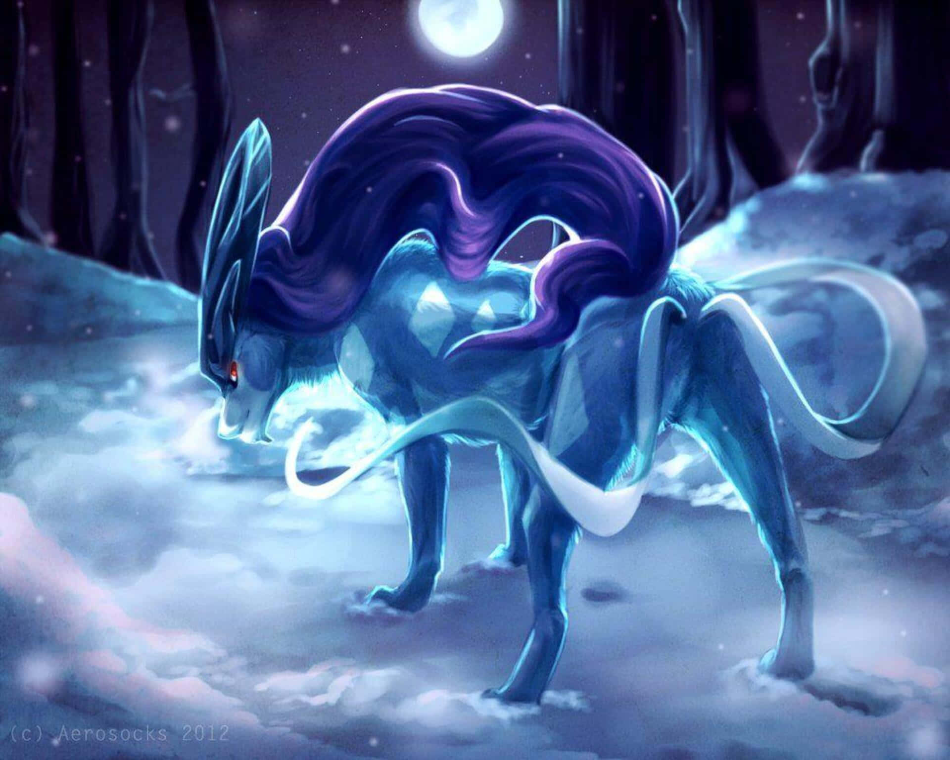 Suicune, snowy forest, full moon, Full HD Desktop Wallpaper