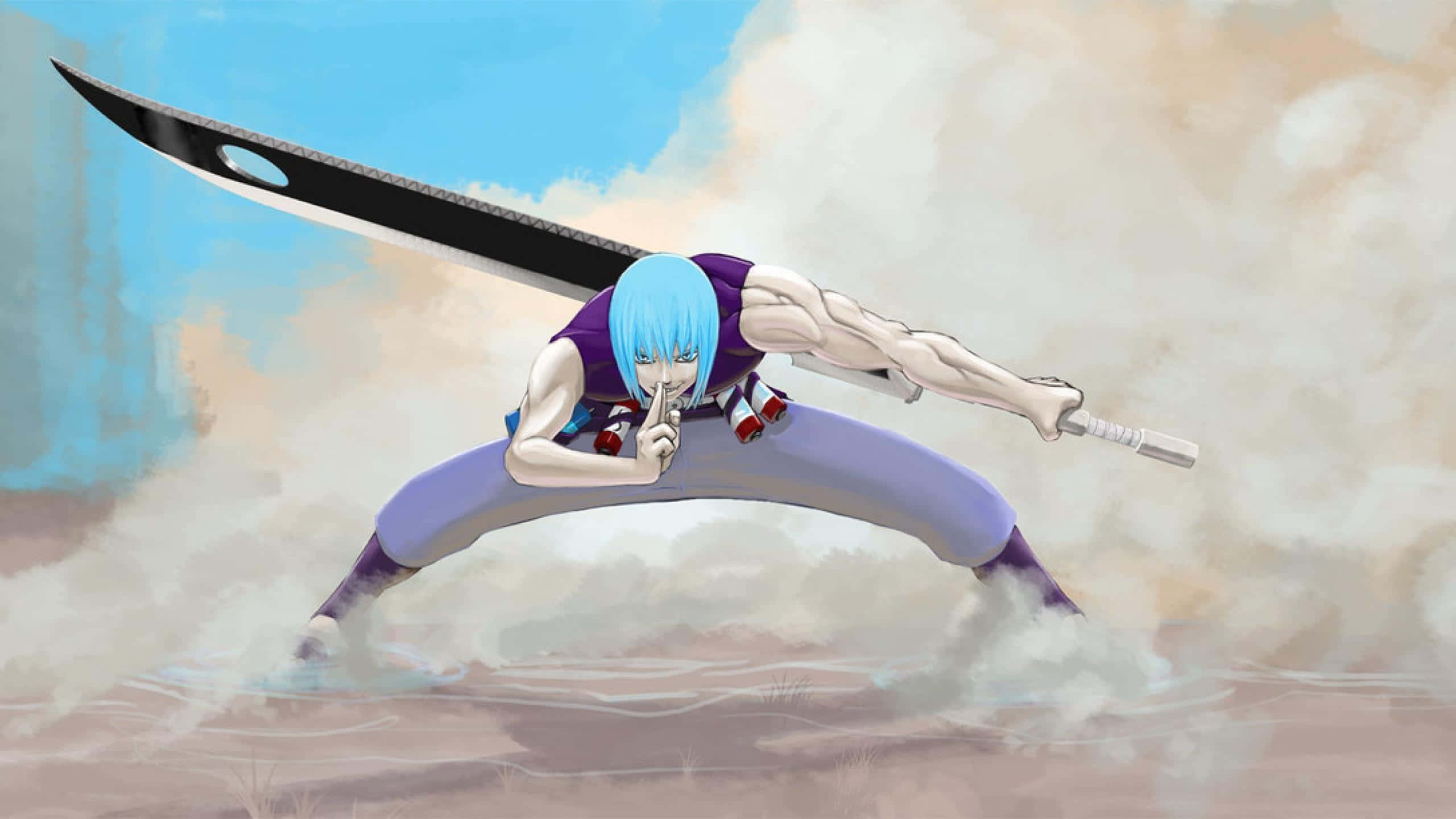 Suigetsu Hozuki, blue-haired anime warrior, purple gear, 2K Desktop Wallpaper