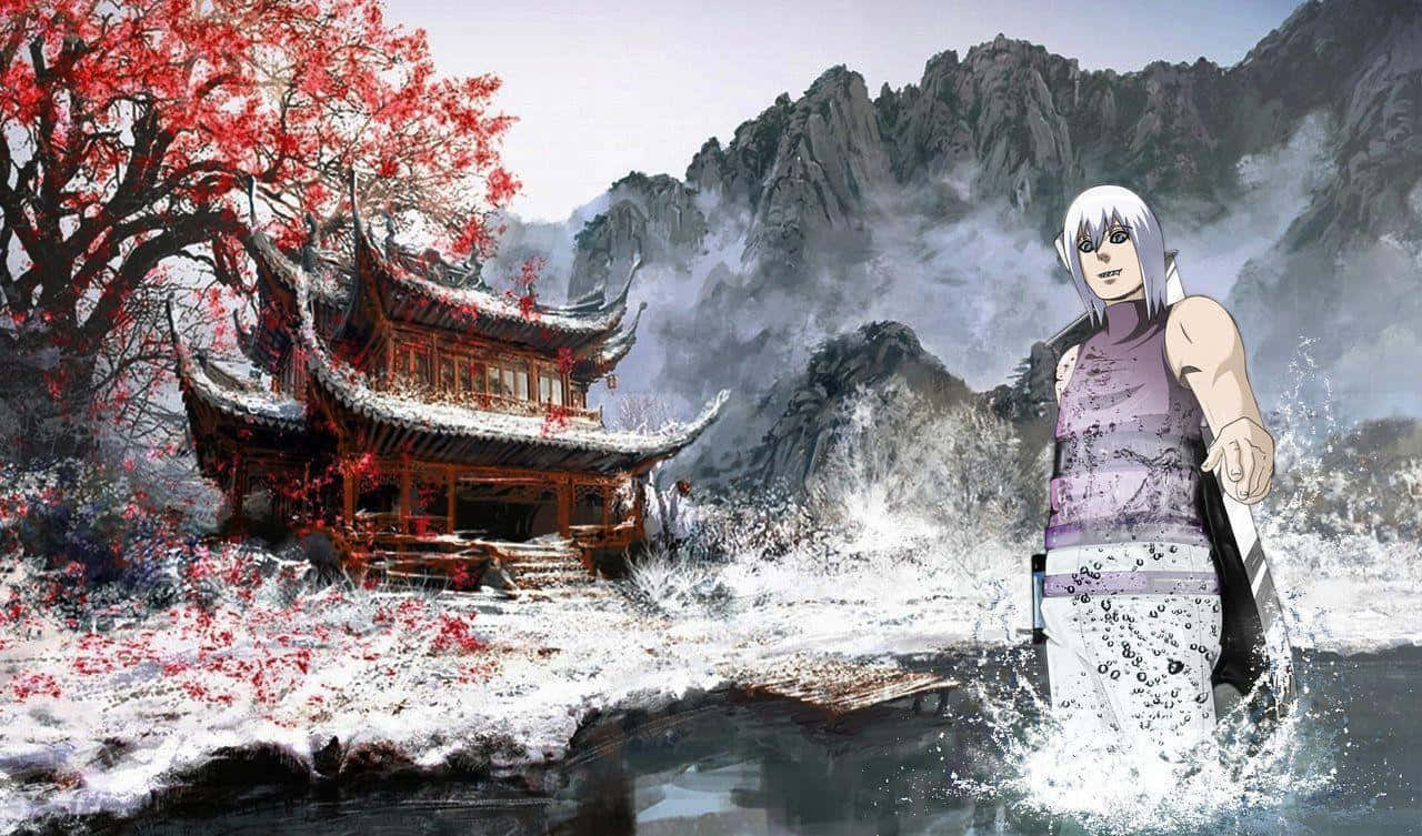 Suigetsu Hozuki, silver-haired anime character, snow-dusted traditional pavilion, HD Desktop Wallpaper