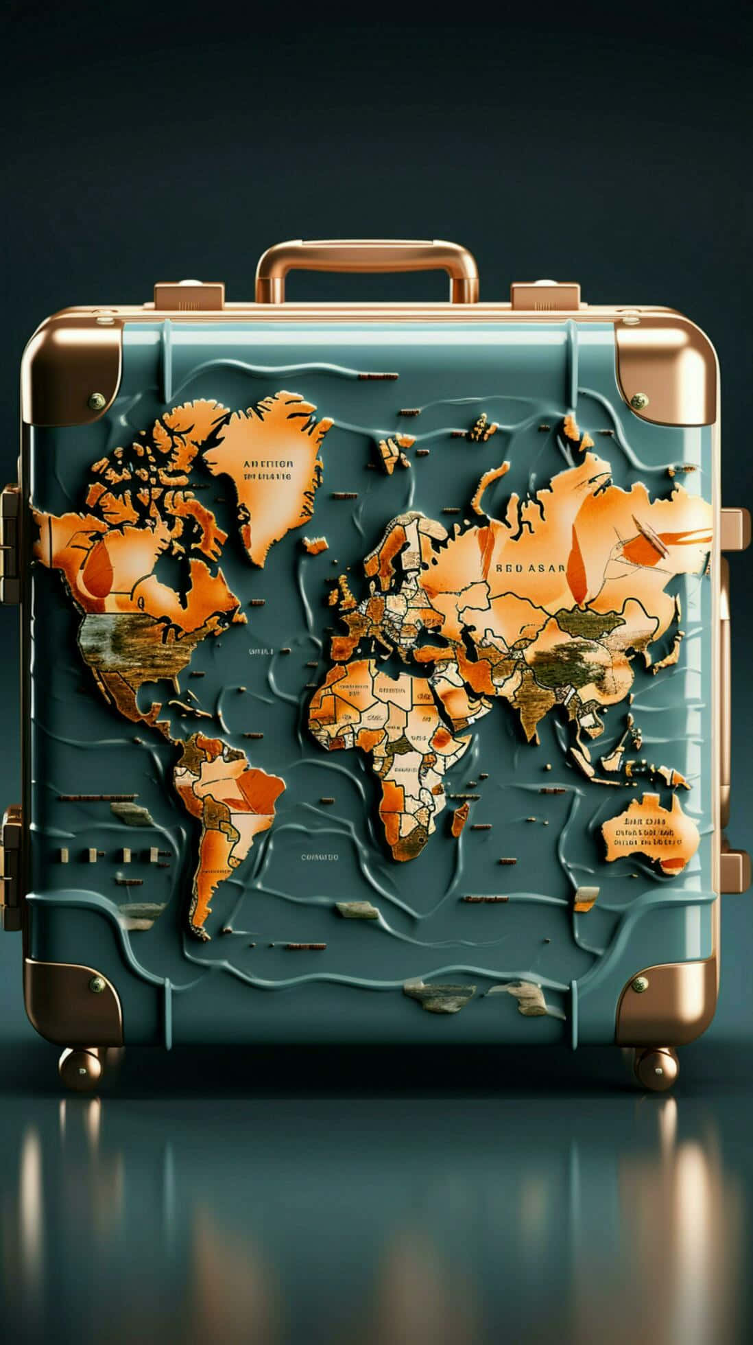 teal suitcase, 3D orange world map, embossed, Full HD Phone Wallpaper