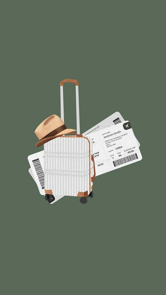 white rolling suitcase, brown trim, fedora hat, SD Phone Wallpaper