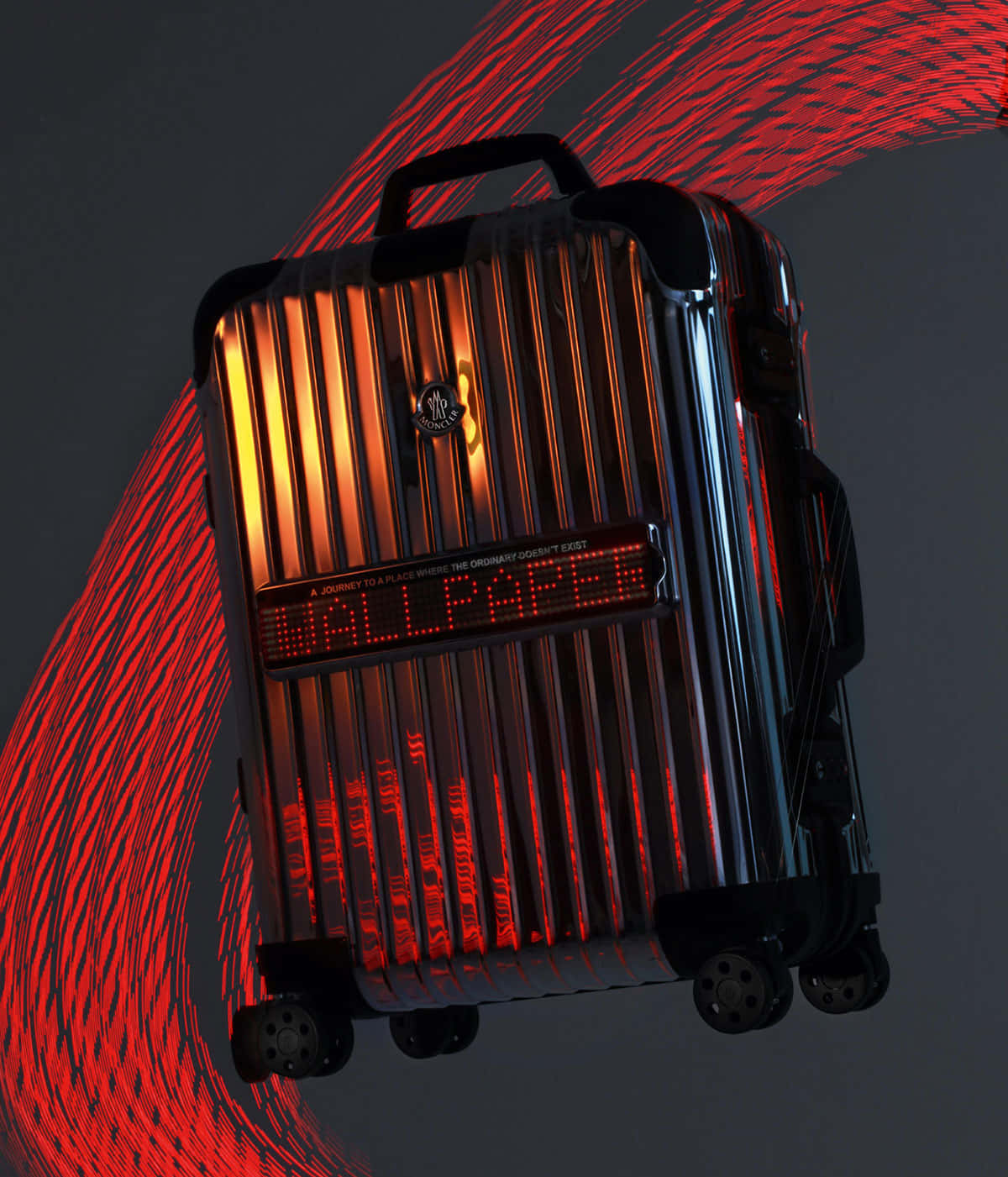 red light trails, sleek metallic suitcase, glowing red LED text, HD Phone Wallpaper