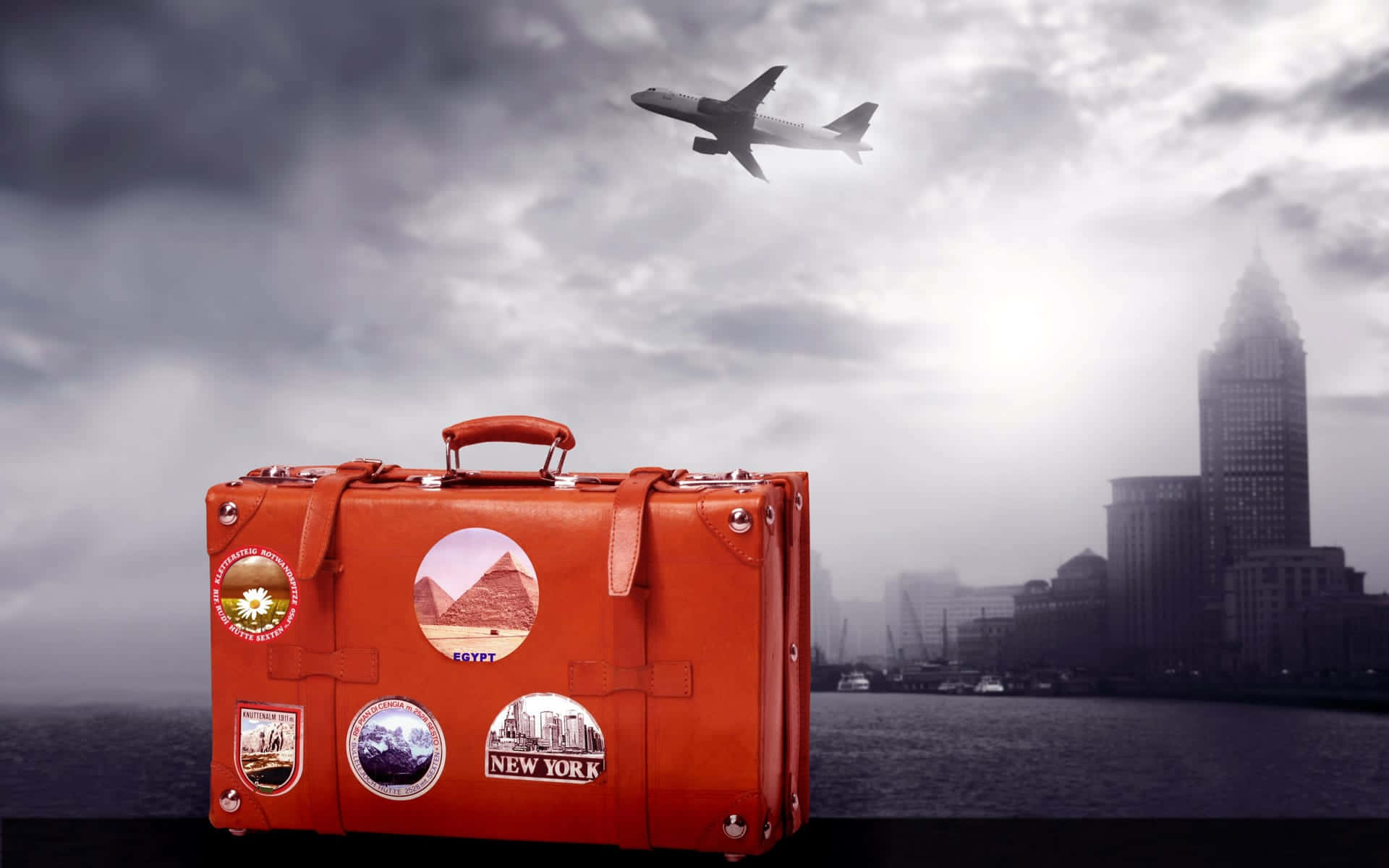 vintage red suitcase, travel stickers, misty city skyline, Full HD Desktop Wallpaper