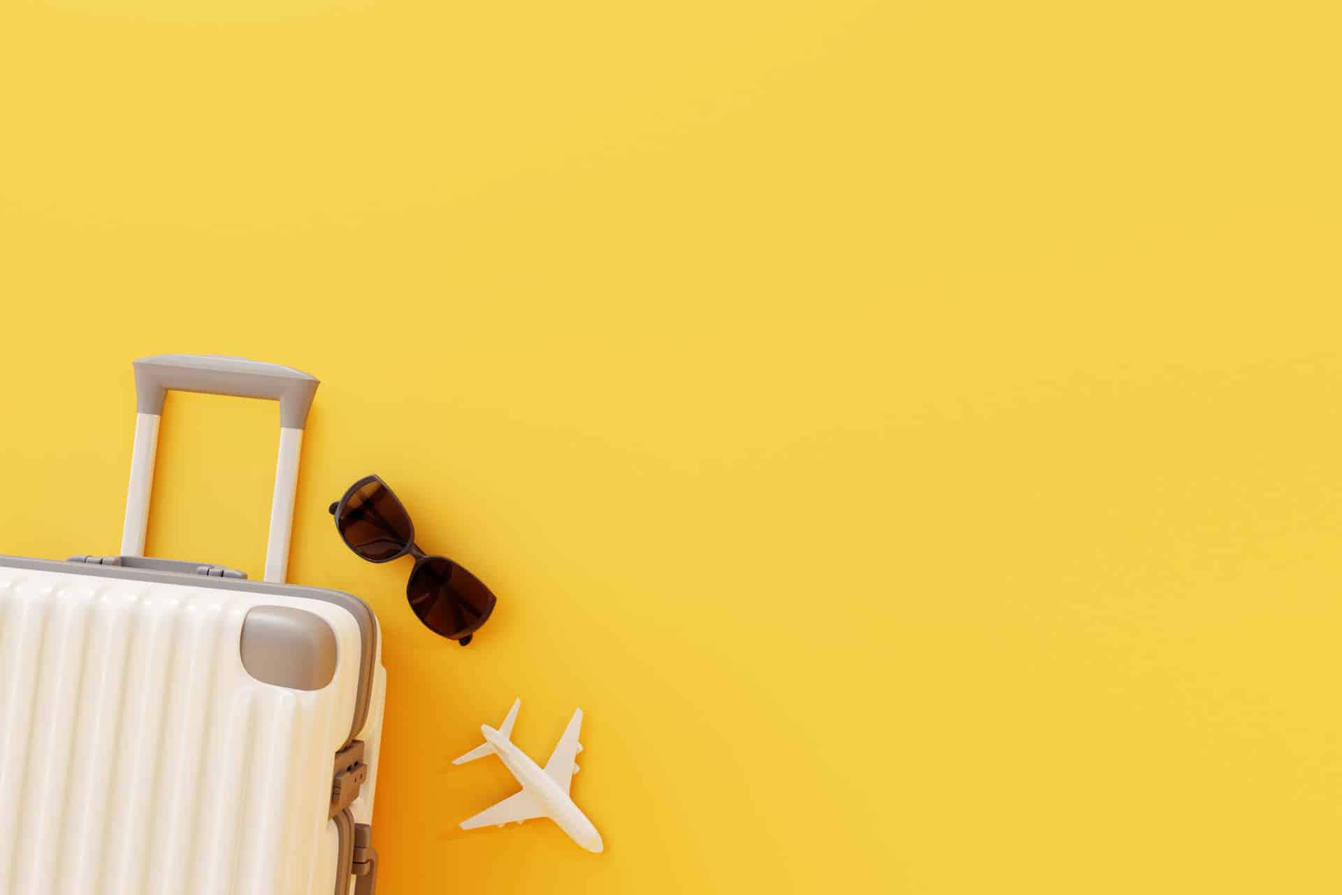 white suitcase, sunglasses, airplane model, Full HD Desktop Wallpaper