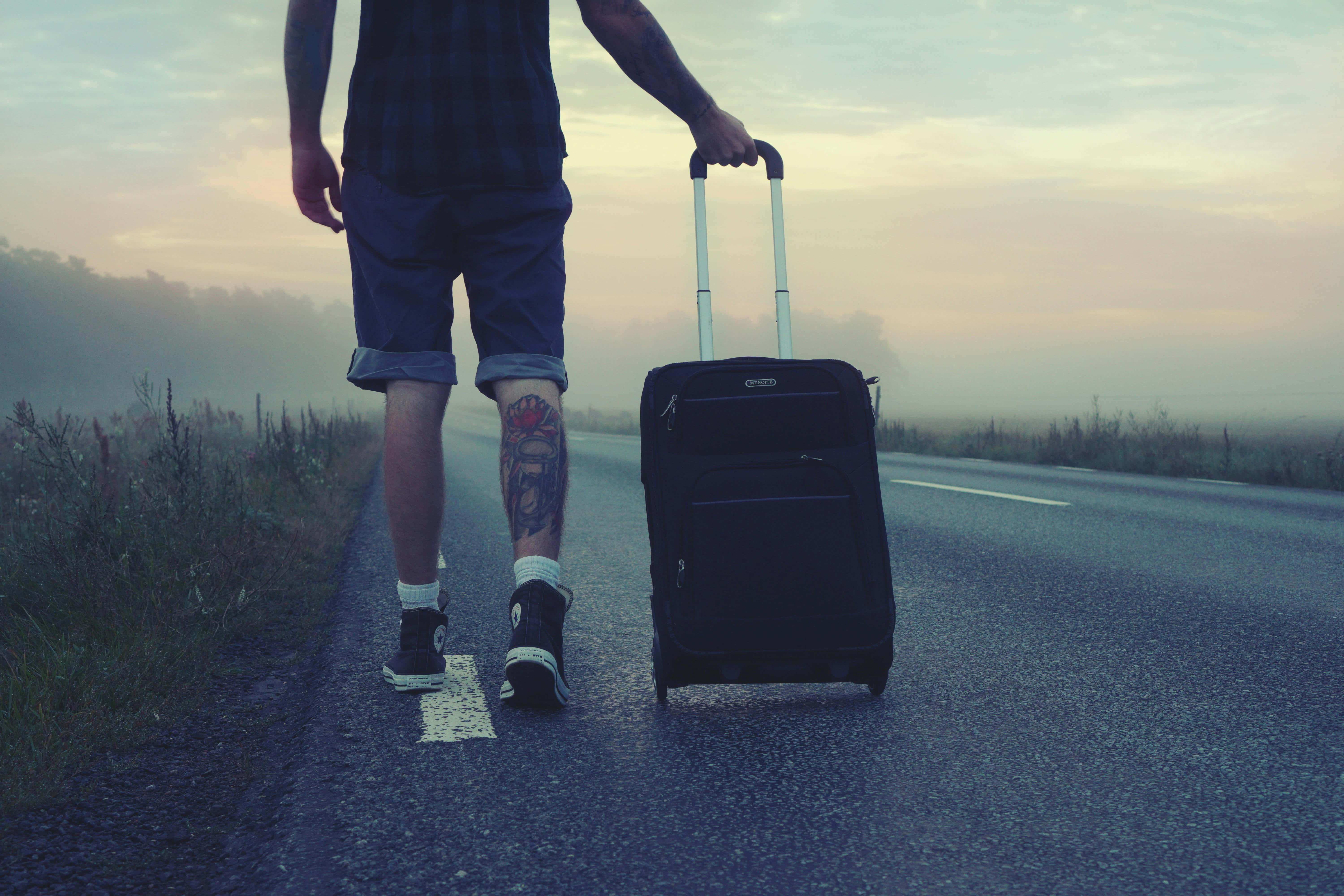 man, suitcase, road, 5K Desktop Wallpaper
