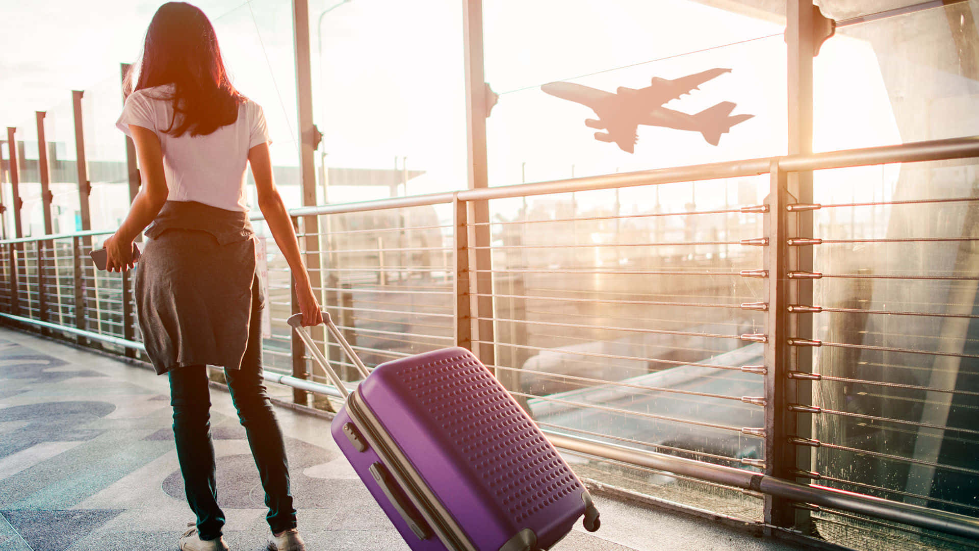 purple suitcase, airport terminal railing, plane, Full HD Desktop Wallpaper