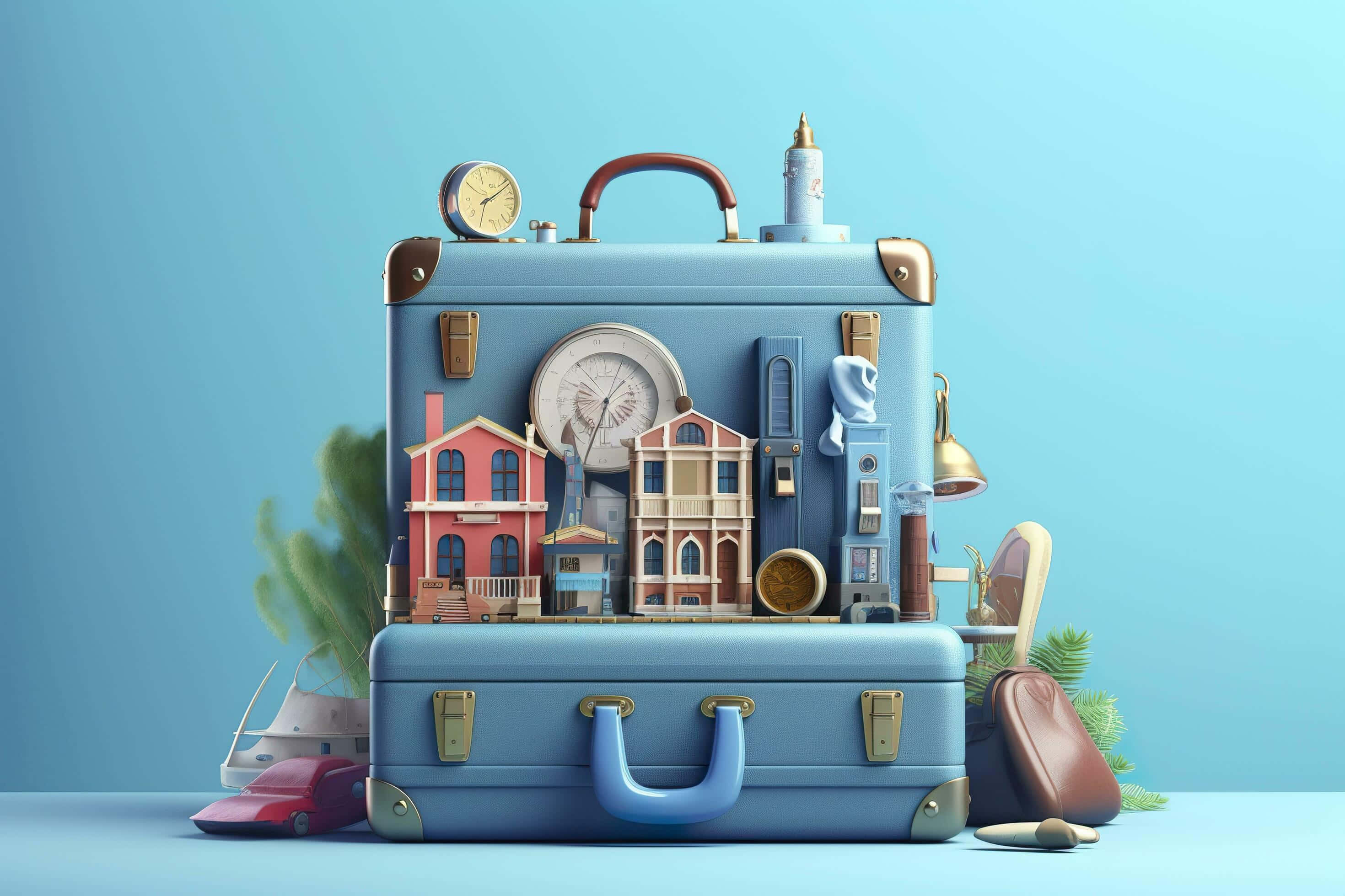 blue vintage suitcase, miniature buildings, clocks, 2K Desktop Wallpaper