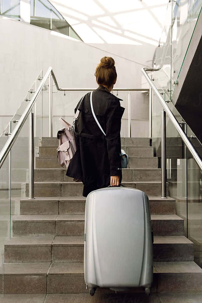 silver suitcase, black coat, pink backpack, SD Phone Wallpaper