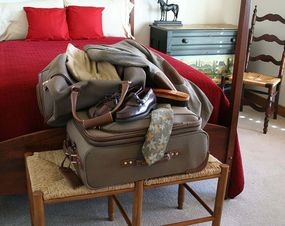 brown suitcase, woven stool, cozy bedroom, SD Desktop Wallpaper