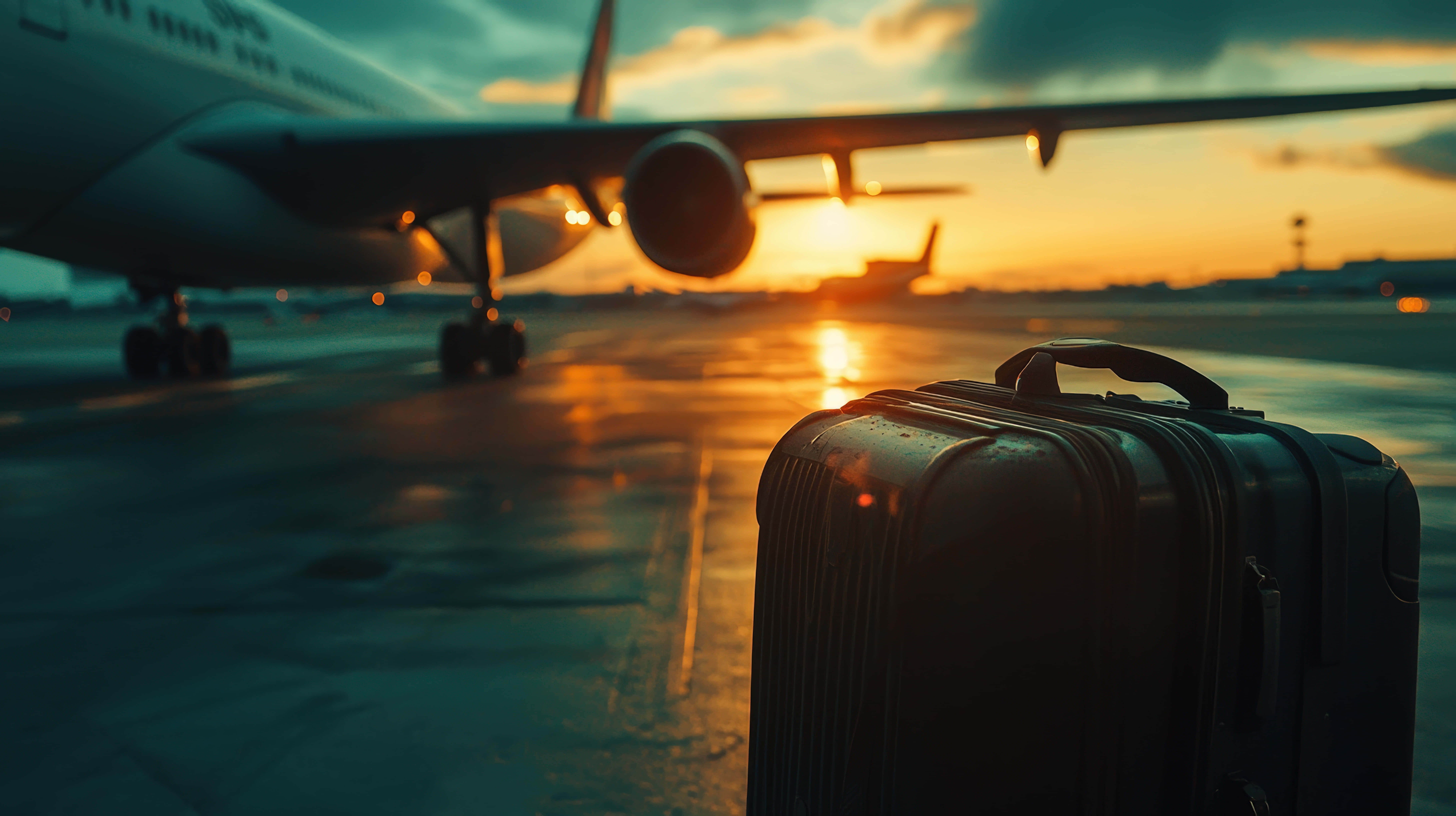 suitcase, airport runway, airplane, 8K Desktop Wallpaper