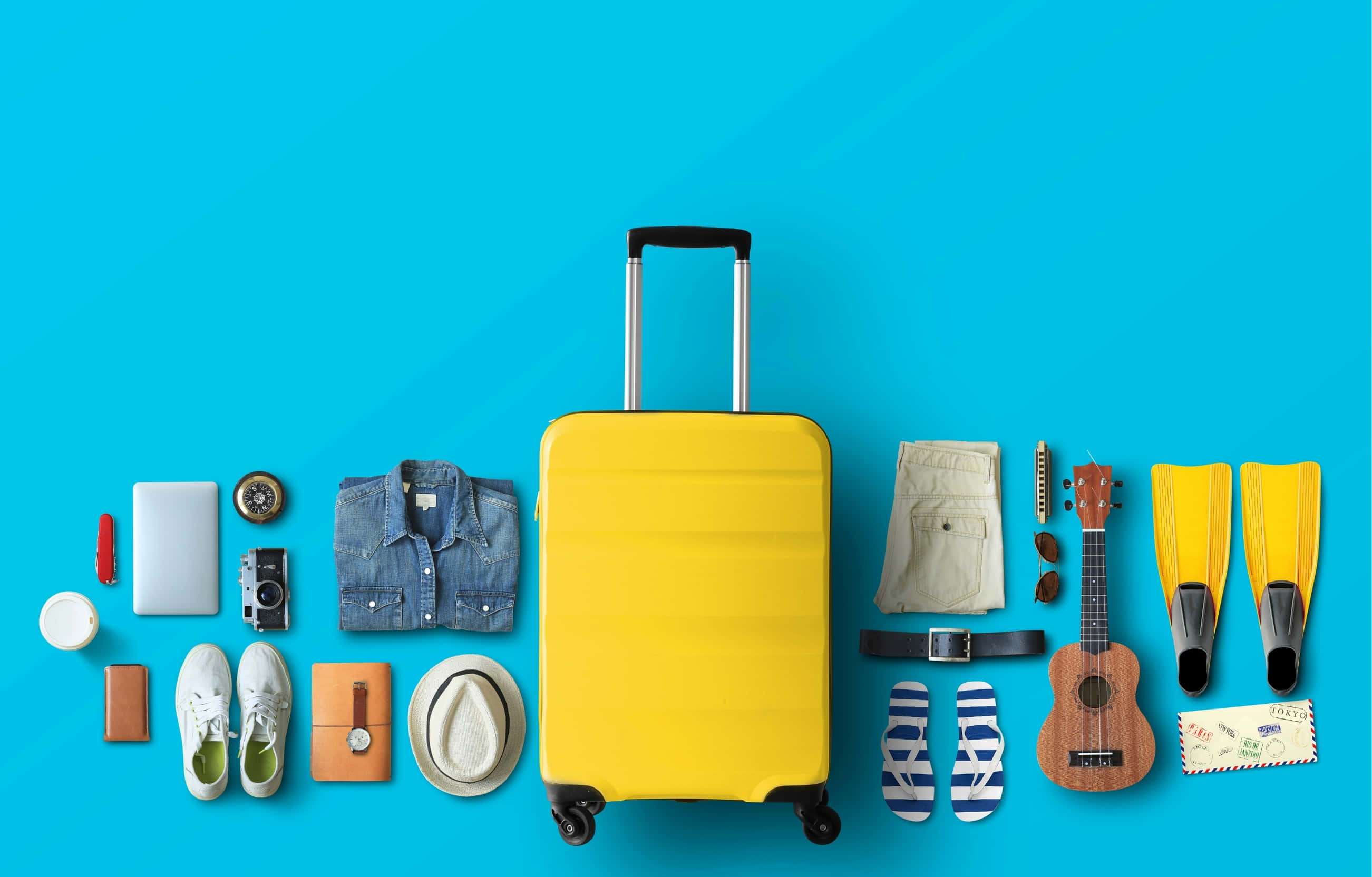 yellow suitcase, vivid blue background, flip flops, 2K Desktop Wallpaper