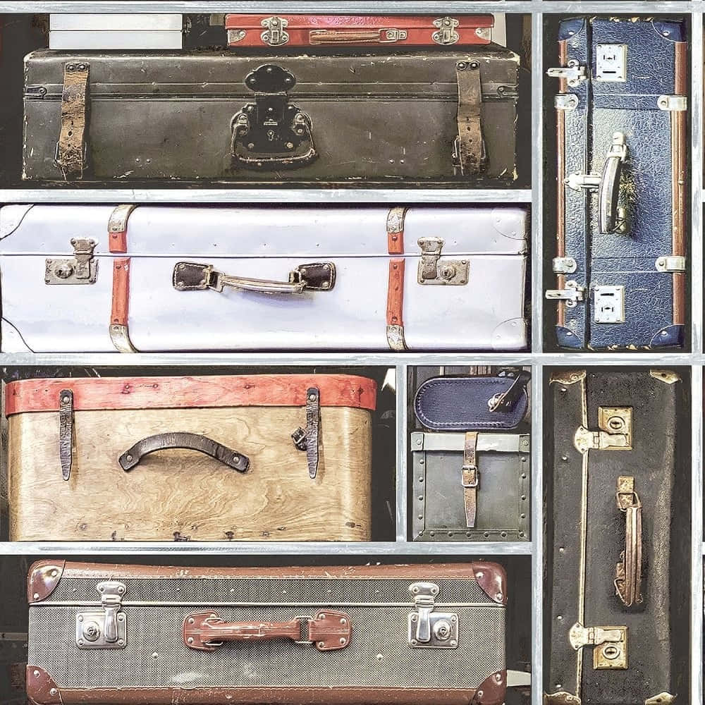 vintage luggage collection, suitcases, varied colors, SD Desktop Wallpaper