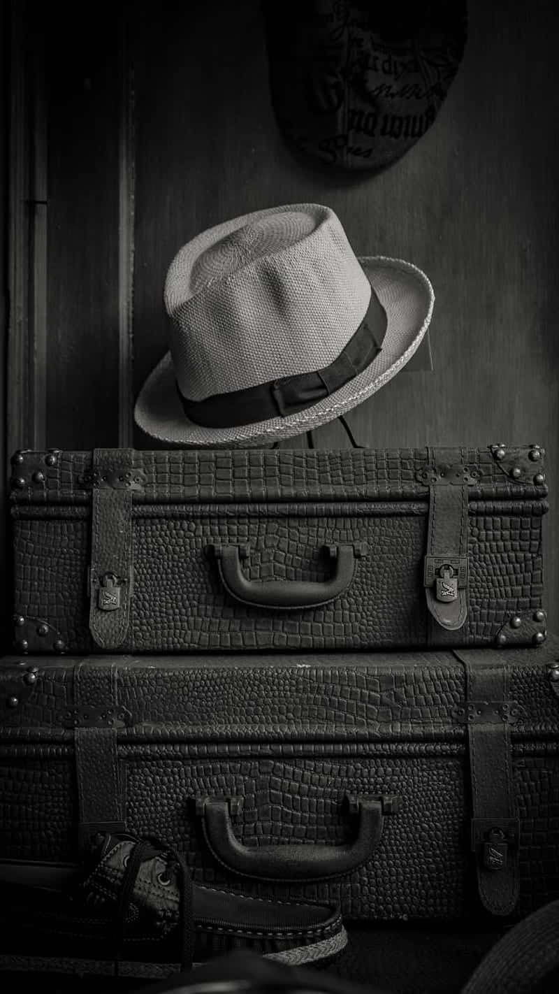 vintage suitcase, fedora hat, stacked, HD Phone Wallpaper