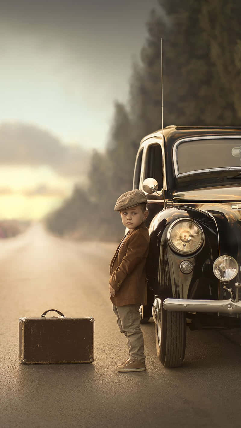 vintage black car, suitcase, misty forest road, HD Phone Wallpaper