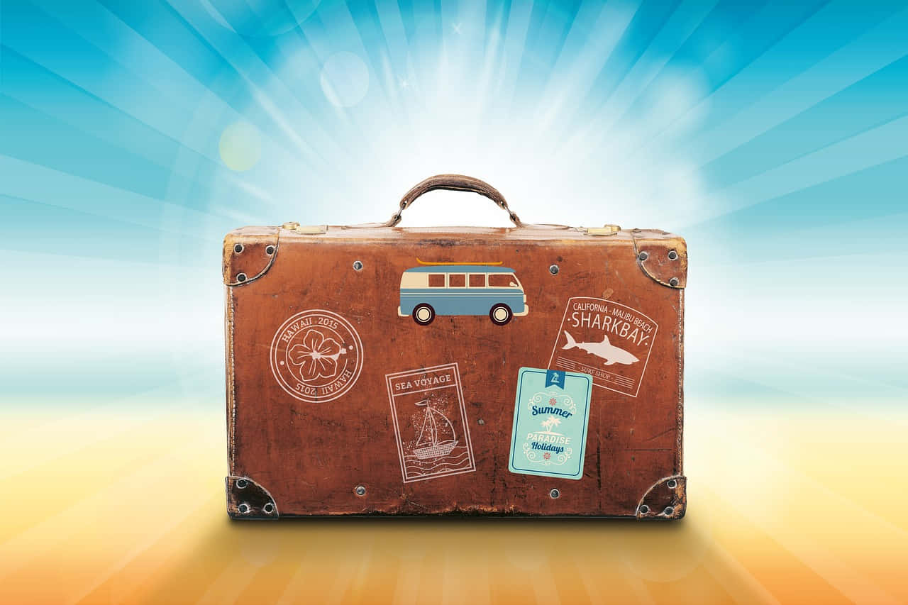 vintage travel suitcase, brown suitcase, travel stickers, HD Desktop Wallpaper