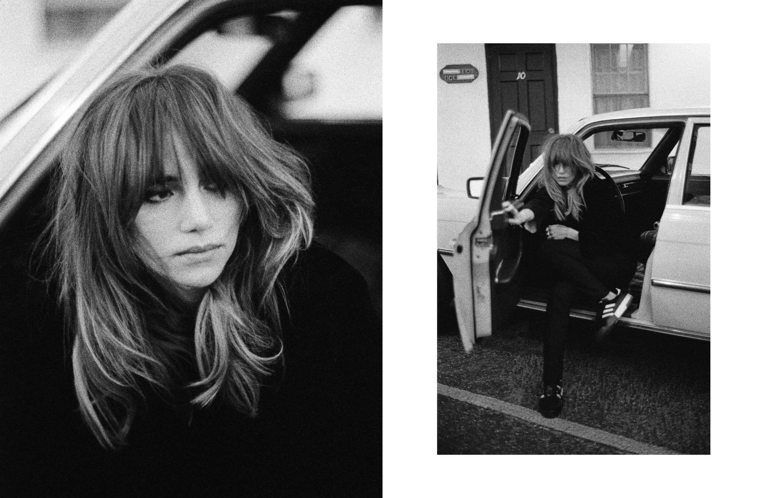 Suki Waterhouse, black and white portraits, car interior, Full HD Desktop Wallpaper