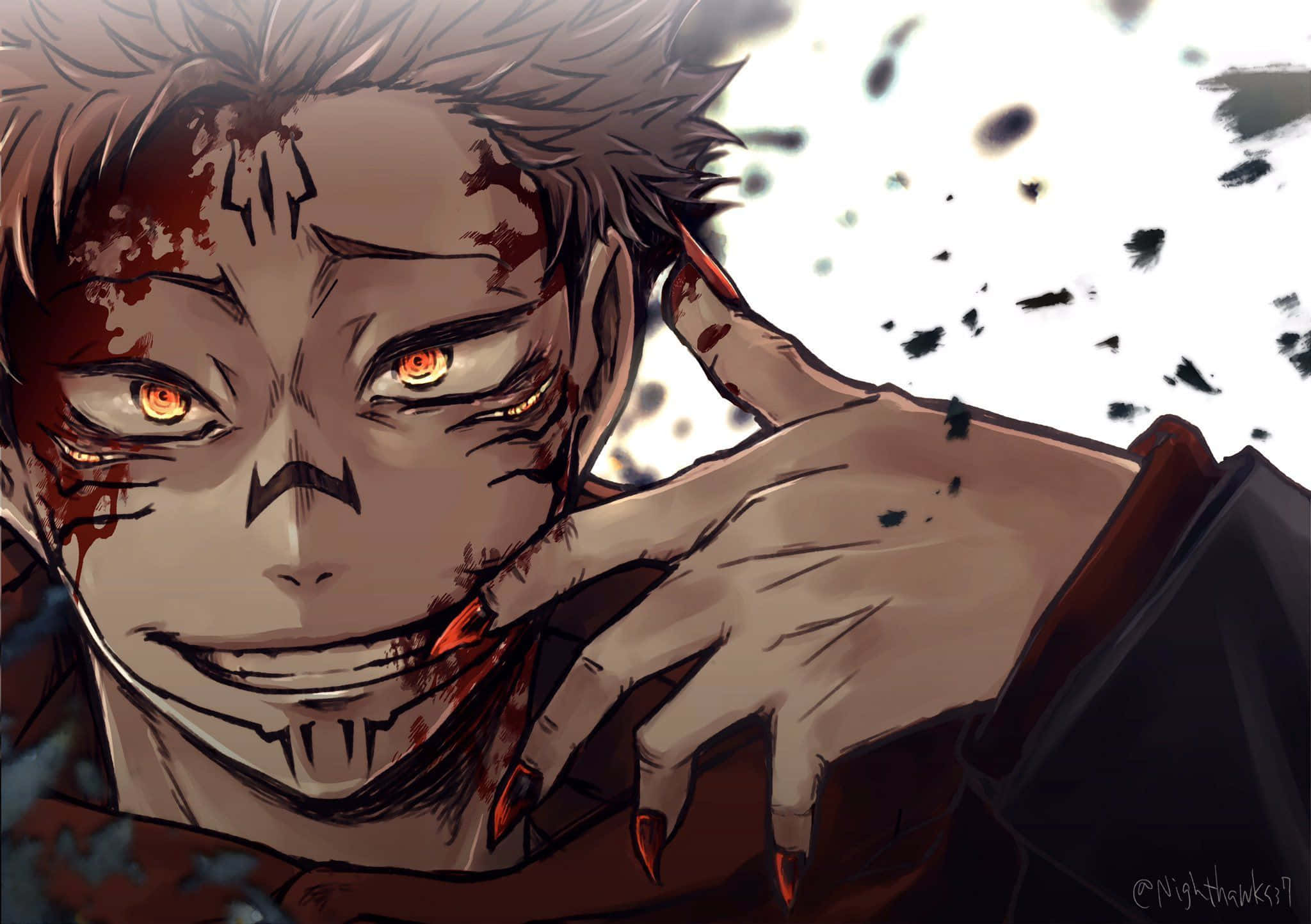 Sukuna Mobile, glowing orange eyes, sharp teeth, Full HD Desktop Wallpaper