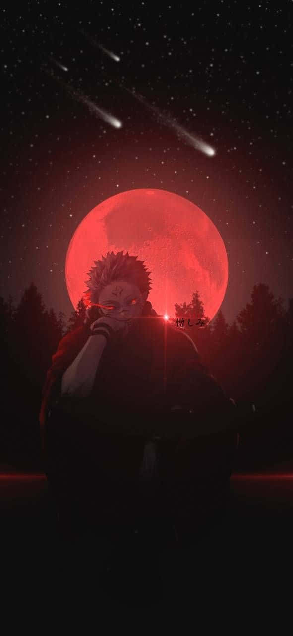 Sukuna Mobile, spiky-haired anime character, glowing red moon, HD Phone Wallpaper